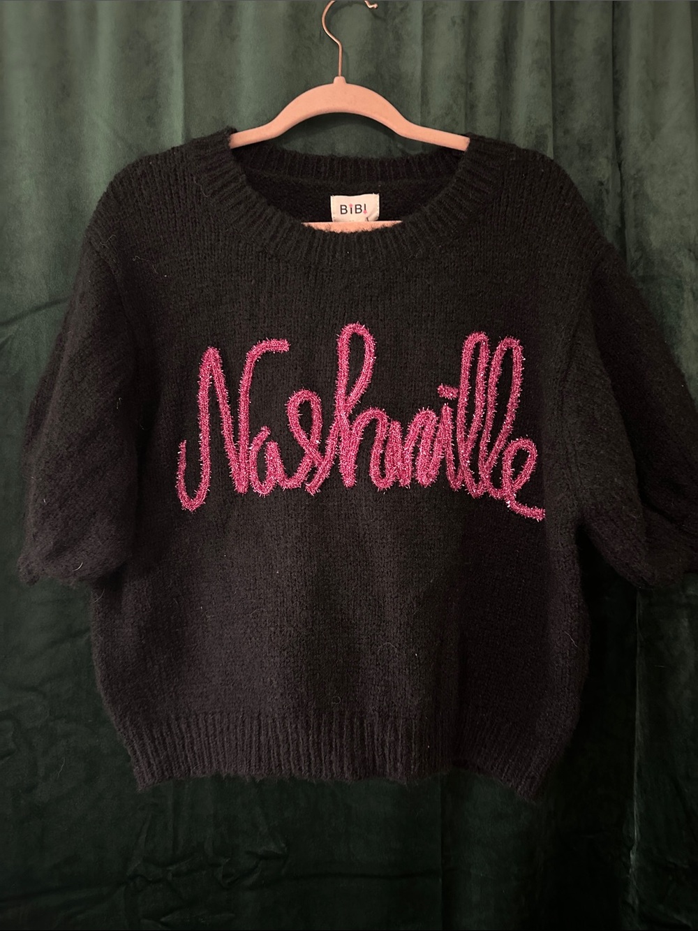 BiBi Black Cropped Sweater with Pink 'Nashville' Script